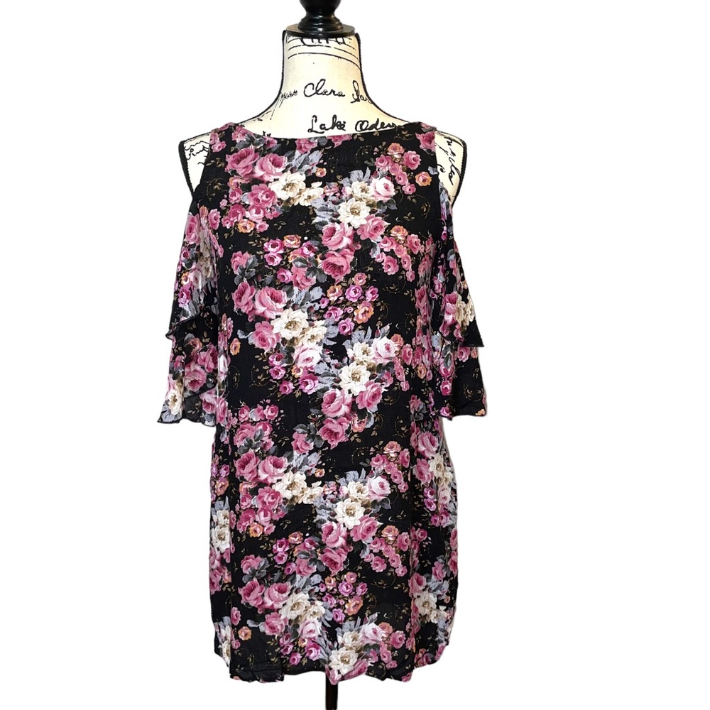 TM by Truly Me black/pink rose print cold shoulder ruffle sleeve mini dress sz S
